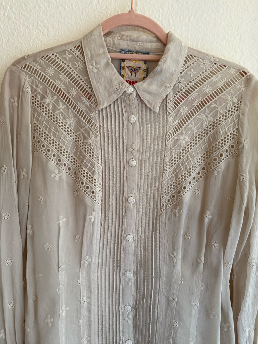 Brand New Johnny Was VictorianVintage-Inspired Beige Embroidered Button-Up S - Picture 2 of 7